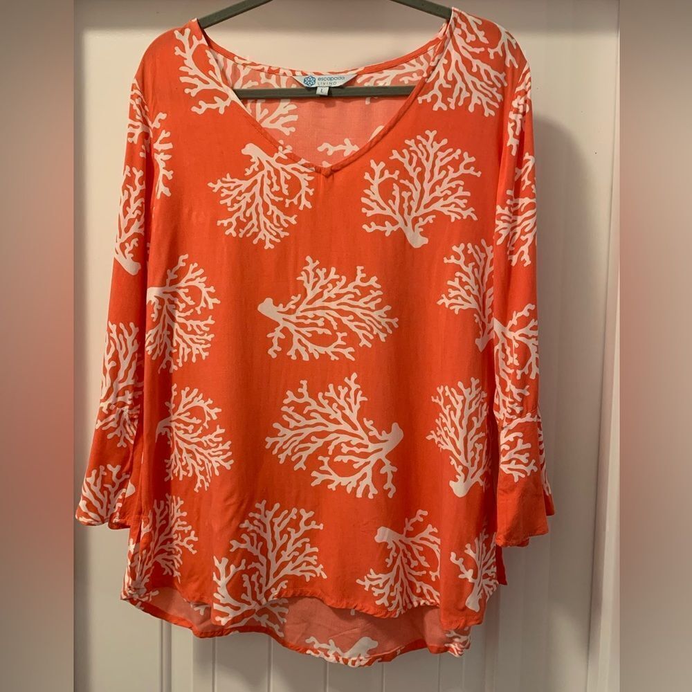 Escapada Living Size L Tunic Bell Sleeves Swim Cover Up Coral Print